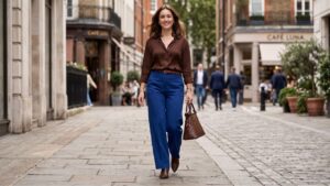 Mujer usando un look colorido que combina tonos intensos de manera elegante