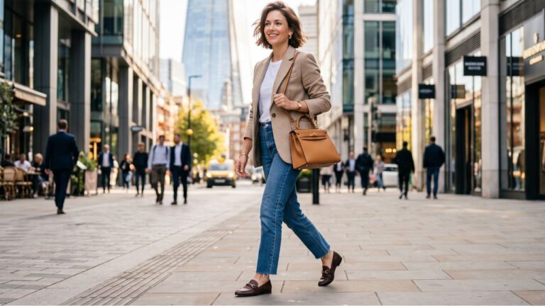 Mujer con bolso camel combinando un look casual elegante para distintas ocasiones