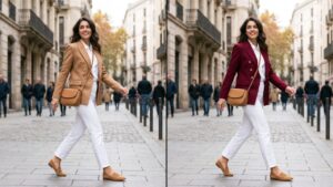 Comparación del mismo outfit en dos versiones: una con 2 colores y otra con un bolso rojo como color 3 para lograr un look más sofisticado