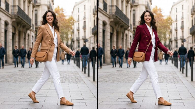 Comparación del mismo outfit en dos versiones: una con 2 colores y otra con un bolso rojo como color 3 para lograr un look más sofisticado