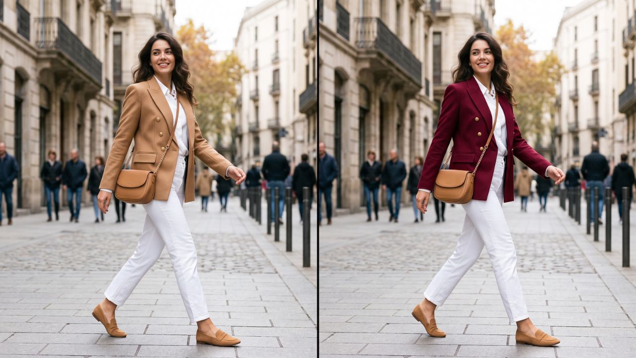 Comparación del mismo outfit en dos versiones: una con 2 colores y otra con un bolso rojo como color 3 para lograr un look más sofisticado