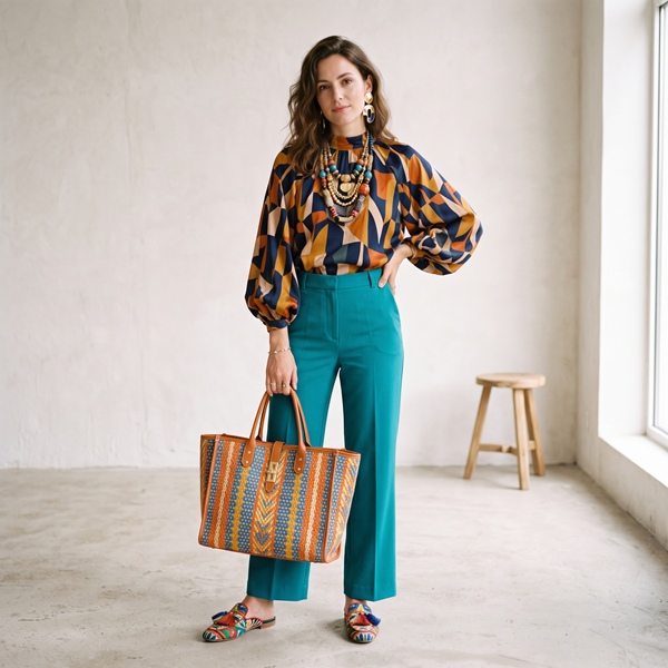 Mujer con un outfit sobrecargado de estampados y accesorios.