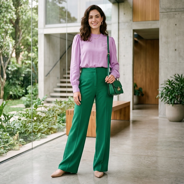 Look atrevido y sofisticado que combina lila con verde esmeralda