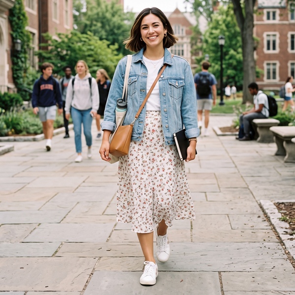 Look de regreso a clases con falda midi, camiseta y tenis