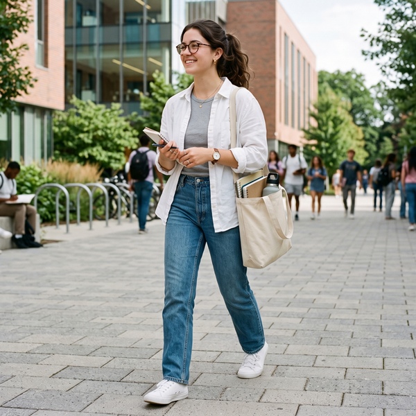 Look de regreso a clases con jeans rectos, camisa y tenis