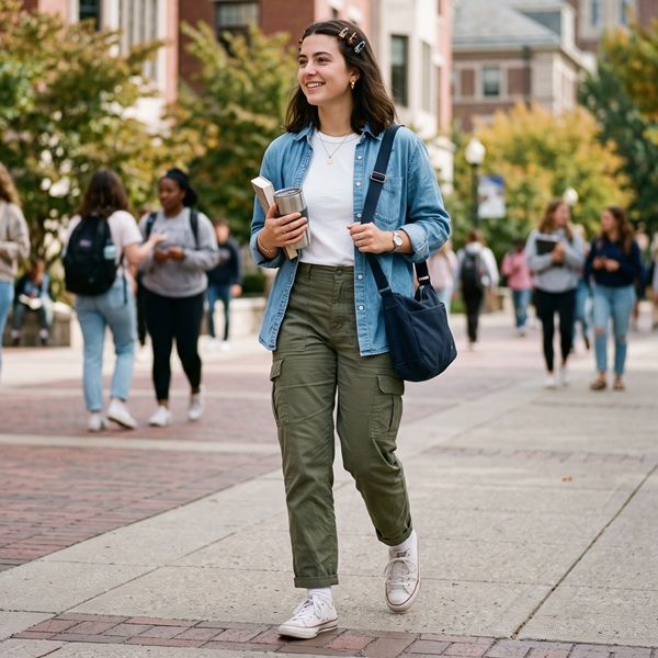 Look cómodo para clases con pantalón cargo, camisa y sneakers