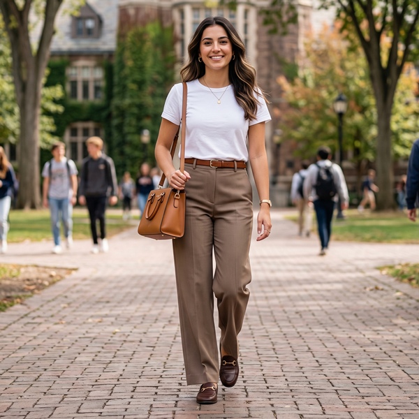 Look para clases con pantalón sastre, camiseta y mocasines