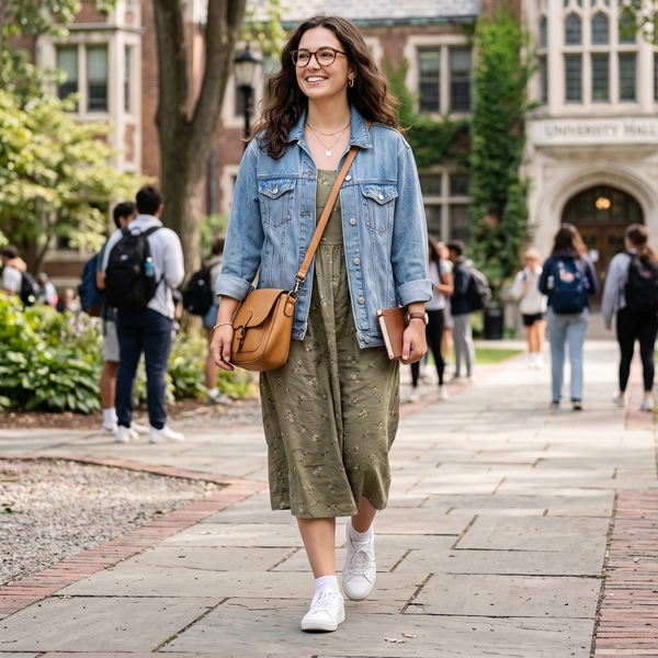 Look de regreso a clases con vestido midi, chamarra de mezclilla y tenis