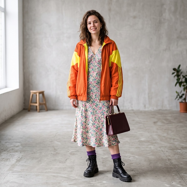 Mujer combinando prendas de diferentes estilos sin un elemento visual que las conecte