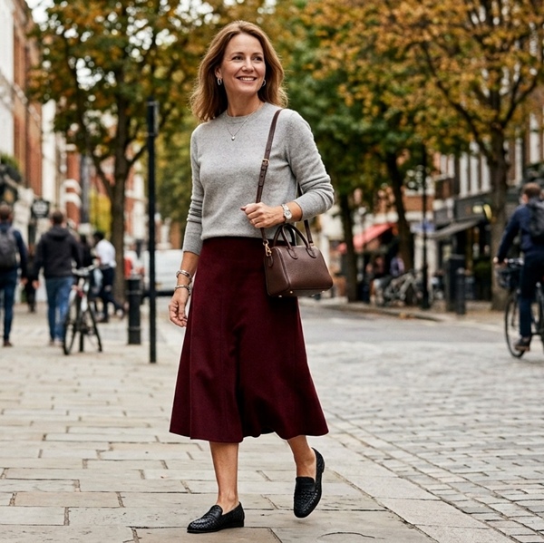 Look con falda midi y mocasines tejidos