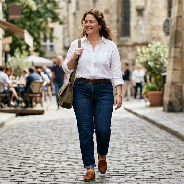 Look casual con jeans oscuros y mocasines tejidos