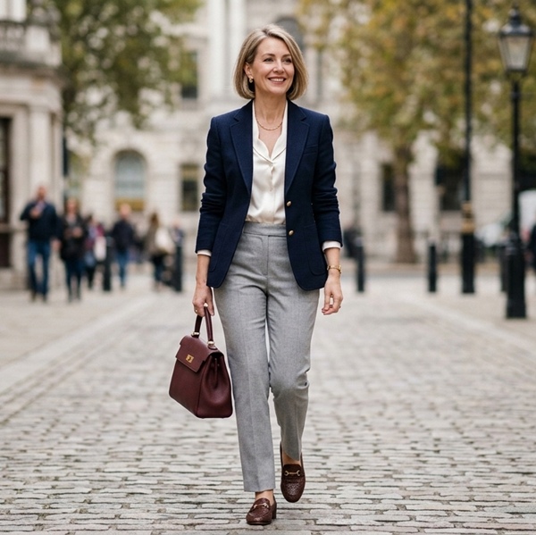 Look profesional con mocasines tejidos y pantalón gris