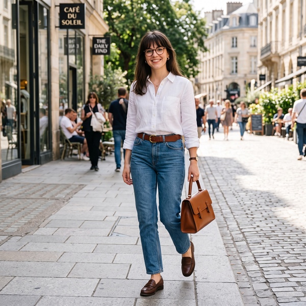 Outfit con jeans azules, camisa blanca y accesorios café siguiendo la regla de los tres colores