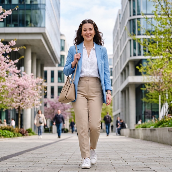 Combinación de blanco, azul cielo y beige en un outfit fresco y elegante