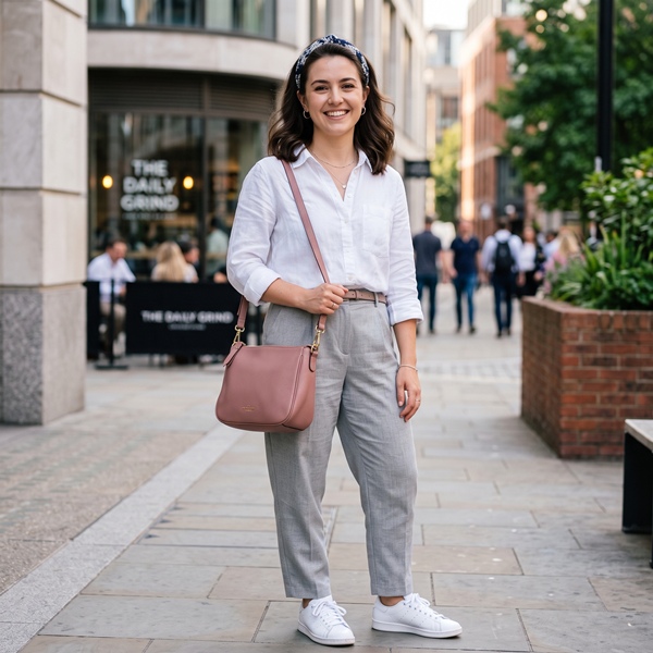 Look en gris, blanco y rosa palo que muestra una combinación elegante de tres colores