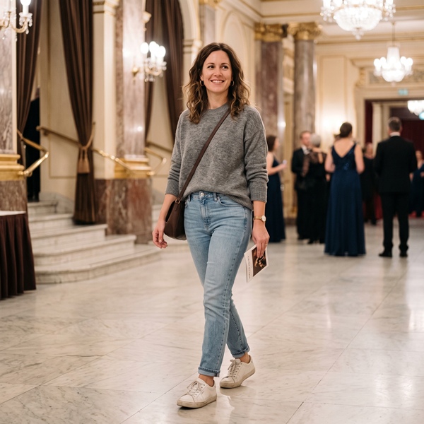 Mujer con un outfit demasiado casual para una ocasión elegante