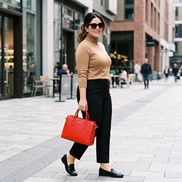 Look en negro y camel con un bolso rojo que aporta el tercer color al outfit.
