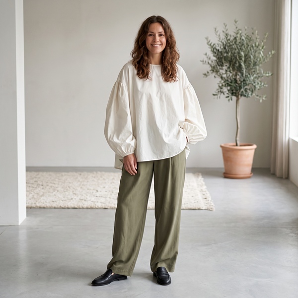 Mujer mostrando un outfit con prendas de diferentes volúmenes que no están equilibradas
