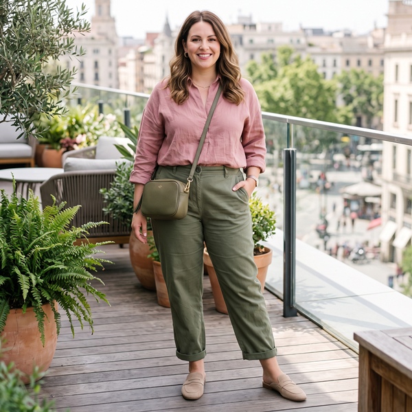Look femenino con prendas en verde oliva y rosa empolvado