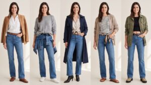 Cinco formas de transformar unos mismos jeans rectos azul denim con diferentes elementos de estilismo