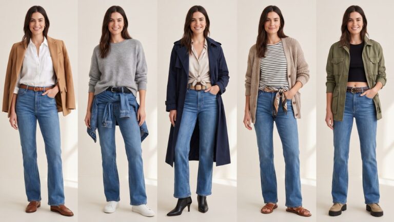 Cinco formas de transformar unos mismos jeans rectos azul denim con diferentes elementos de estilismo