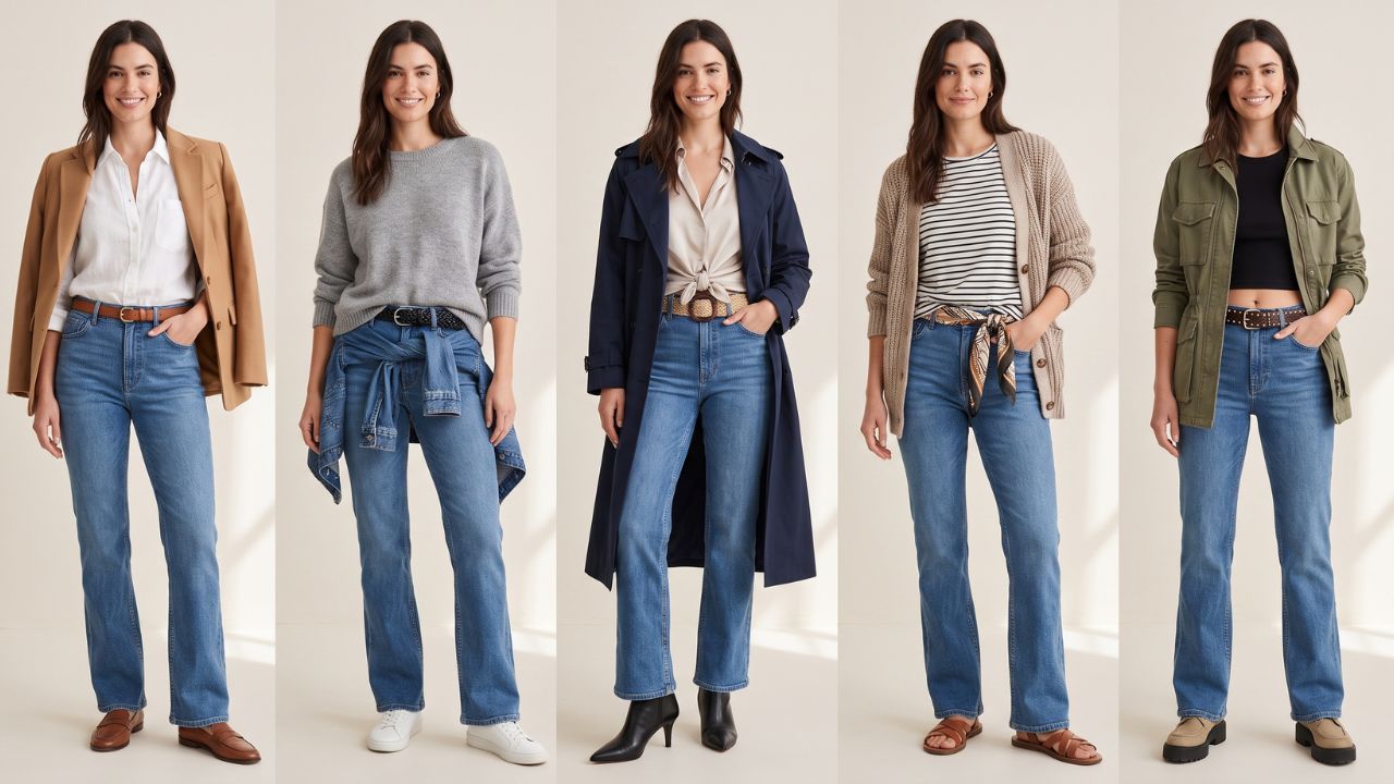 Cinco formas de transformar unos mismos jeans rectos azul denim con diferentes elementos de estilismo