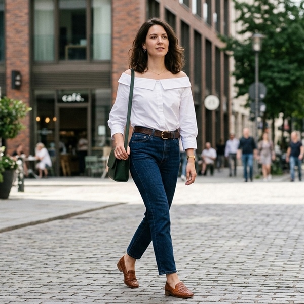 Look casual con camisa blanca escote off shoulder y jeans