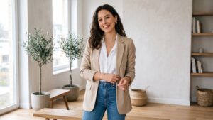 Mujer con outfit casual y joyería dorada y plateada combinada de forma equilibrada