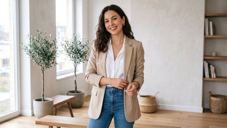 Mujer con outfit casual y joyería dorada y plateada combinada de forma equilibrada
