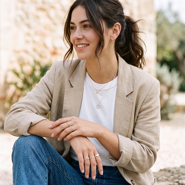 Mujer combinando joyería dorada y plateada en un mismo look