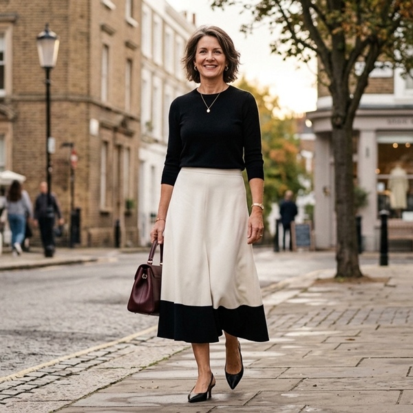Look fácil de copiar con falda bicolor en blanco y negro