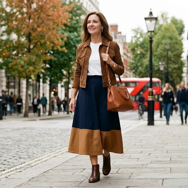 Look urbano con falda bicolor en azul marico y camel con chamarra a juego
