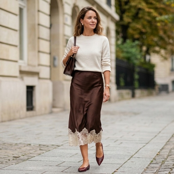 Look romántico con falda de satén y encaje