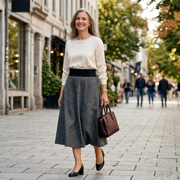 Falda gris con cinturón ancho negro para un look formal 