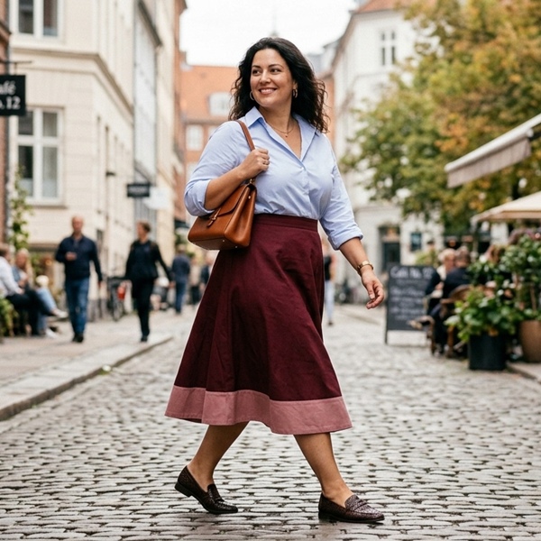 Look casual con falda bicolor en colores vino y rosa