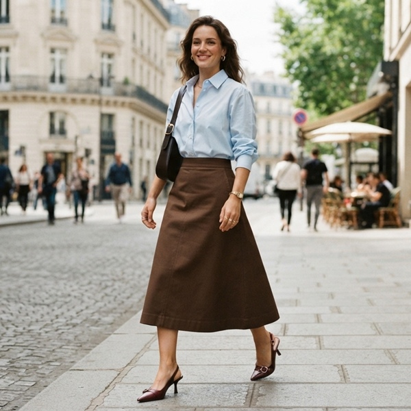 Look de otoño con falda chocolate con blusa azul cielo