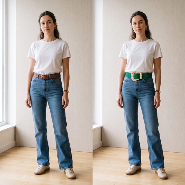 Mismos jeans rectos de tiro alto con diferentes cinturones