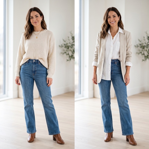 Mismos jeans rectos de tiro alto combinados con prendas de diferentes proporciones