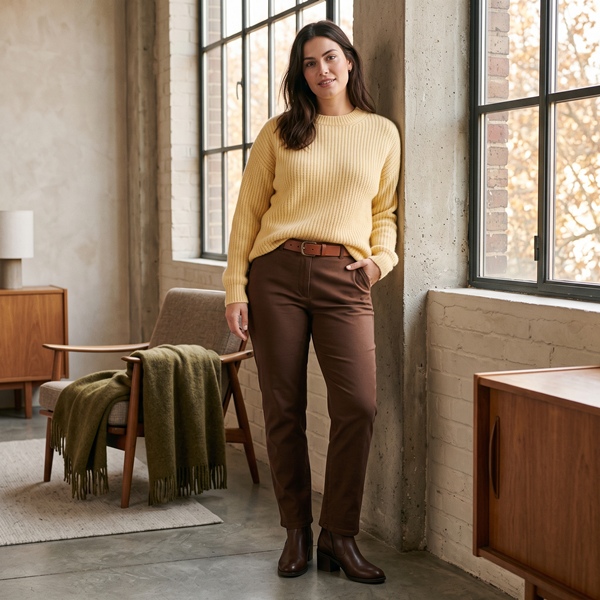 Look de otoño con suéter amarillo mantequilla, pantalón chocolate, cinturón y botines cafés