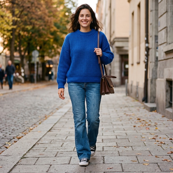 Look de otoño con suéter azul eléctrico, jeans rectos, botines negros y bolso chocolate