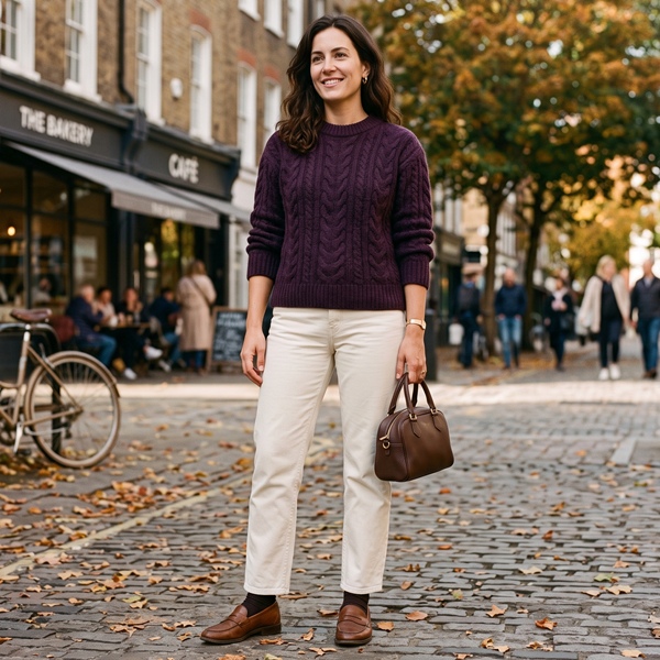 Look de otoño con suéter berenjena, pantalón crema, mocasines cafés y bolso chocolate