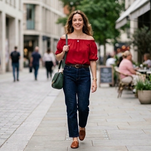 Look casual con blusa escote off shoulder