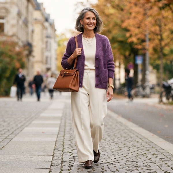 Look casual combinando morado y crema