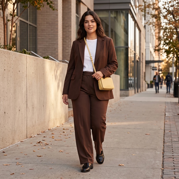 Look de otoño con pantalón y blazer chocolate, camiseta blanca y mocasines negros