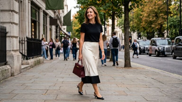 Look con falda bicolor en blanco y negro