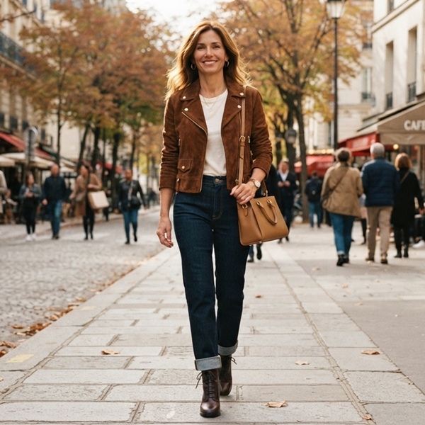 Look de otoño con chamarra color canela