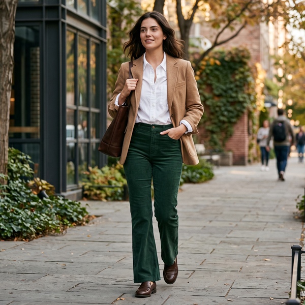 Look de otoño con pantalón verde profundo, camisa blanca, blazer camel y zapatos cafés