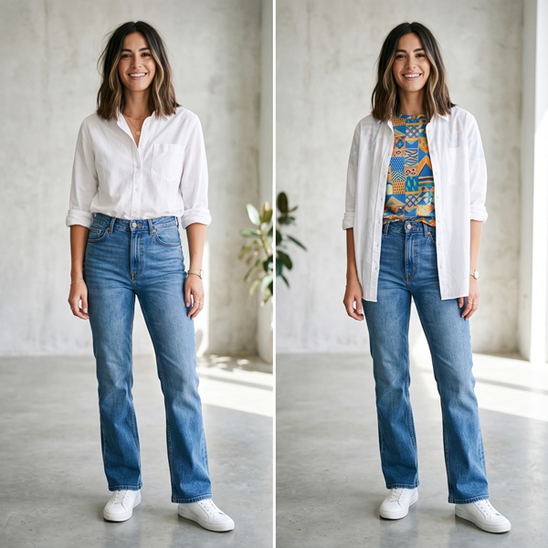 Mismos jeans rectos azul denim con camisa blanca llevada de diferentes maneras