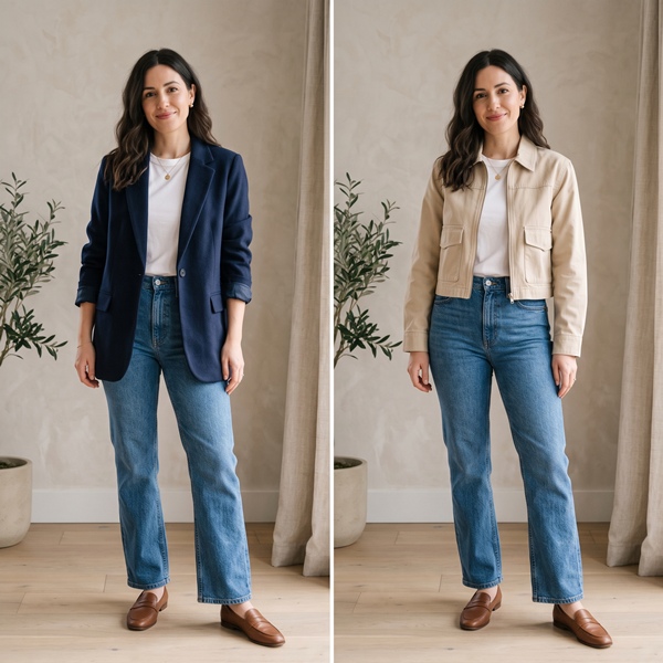 ismos jeans rectos azul denim combinados con blazer, chamarra corta
