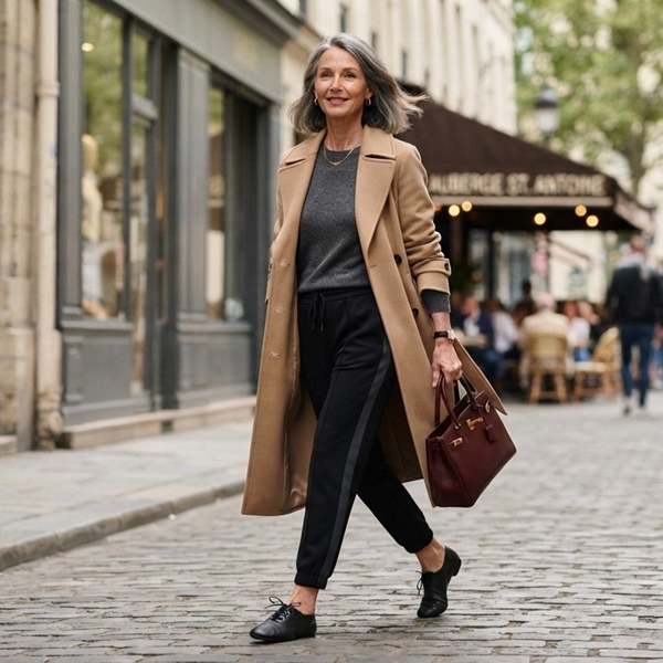 Look con track pants grises y jazz shoes negros